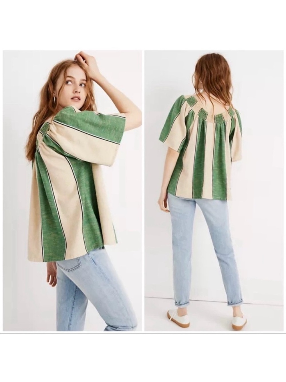 Ace & Jig Green and Cream Striped Peasant Top